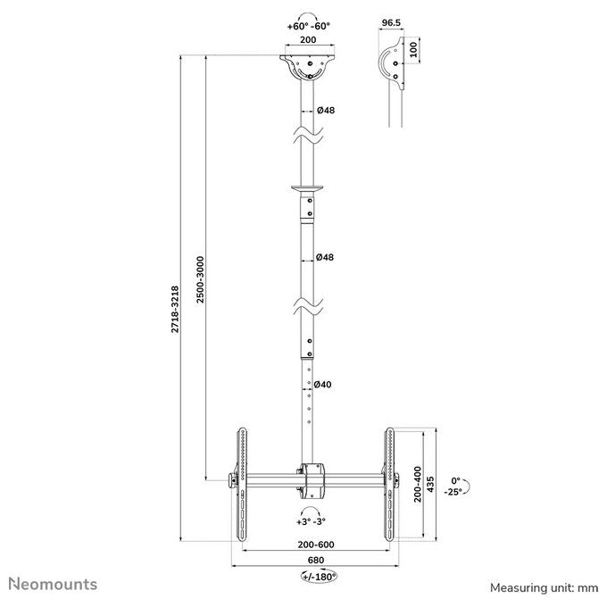 Neomounts, Supporto TV Soffitto, 37-70 Pollici, 250-300 cm, Nero