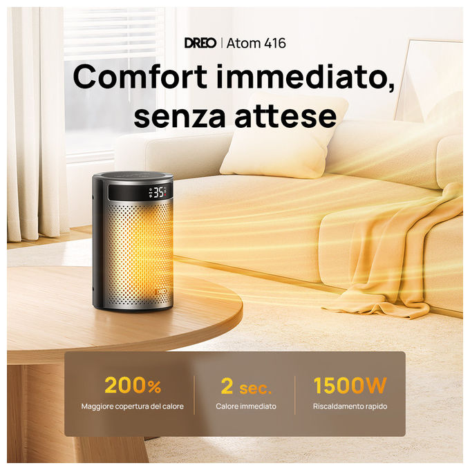 Dreo, Termoventilatore Ceramico Atom 416, 1500W, Riscaldatore Elettrico Ambiente, Nero-Argento