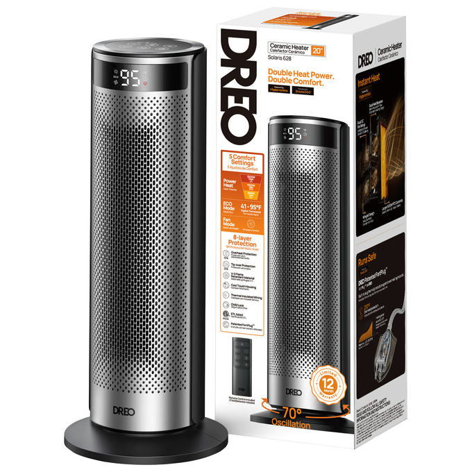 Dreo, Termoventilatore Ceramico Solaris SH628, 2000W, Riscaldatore Elettrico Rapido, Nero e Argento