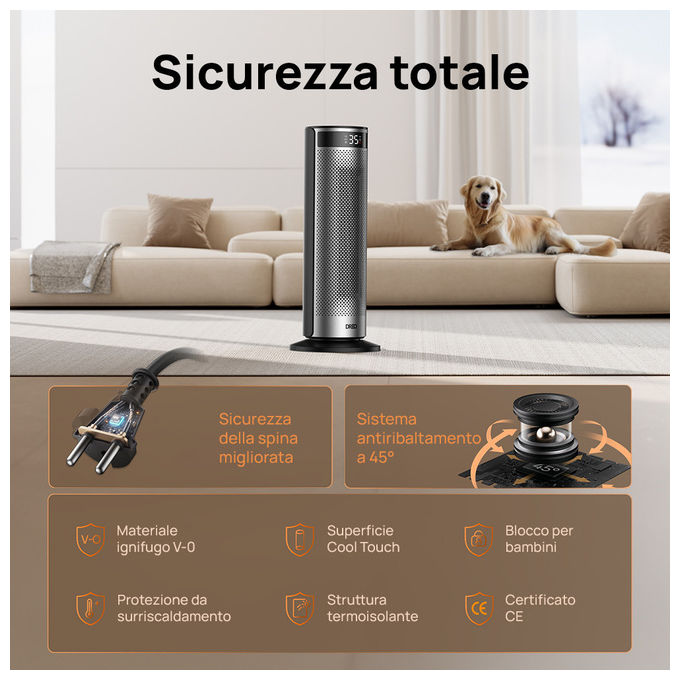Dreo, Termoventilatore Ceramico Solaris SH628, 2000W, Riscaldatore Elettrico Rapido, Nero e Argento