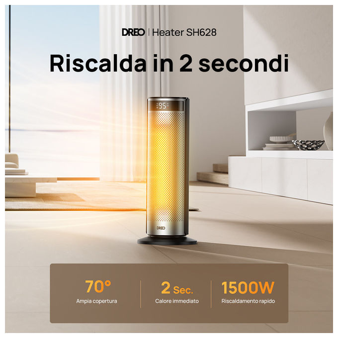 Dreo, Termoventilatore Ceramico Solaris SH628, 2000W, Riscaldatore Elettrico Rapido, Nero e Argento