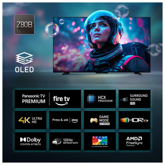 Panasonic TV-55Z80BEZ Smart TV OLED 55'' 4K Ultra HD Fire OS Dolby Vision Dolby Atmos HDR10+ Wi-Fi colore Nero