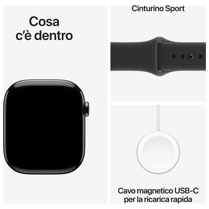Apple Watch Series 11, 42mm, GPS + Cellular, Titanio Ardesia, Sport Band Nero