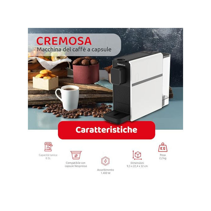 Melchioni Family, Cremosa Macchina Caffe', Compatibile Nespresso, 3 Selezioni, 0.5L, 1400W, Bianca