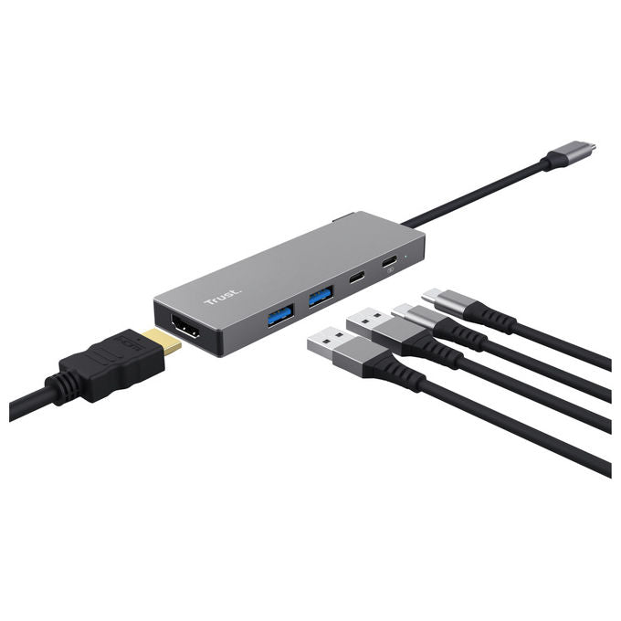 Trust, Hub Usb Tipo-C, Grigio, 5 in 1, Alluminio