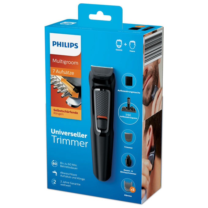 Philips MG3721-14 Multigroom Series 3000 Regolabarba e Tagliacapelli 7 in 1 lame autoaffilanti autonomia 60 min colore Nero