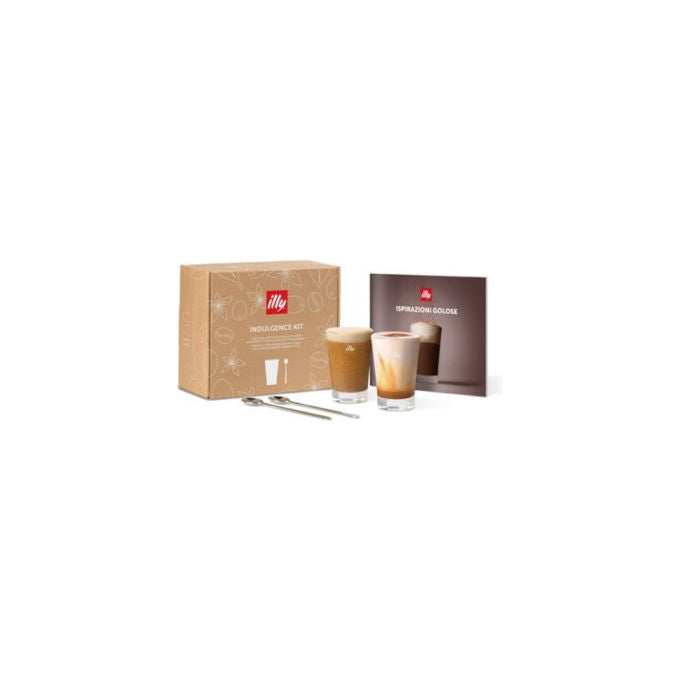 Illy Kit Indulgence 2 Bicchieri Vetro 170ml 2 Cucchiaini Design Acciaio Inox Ricettario Caffe'
