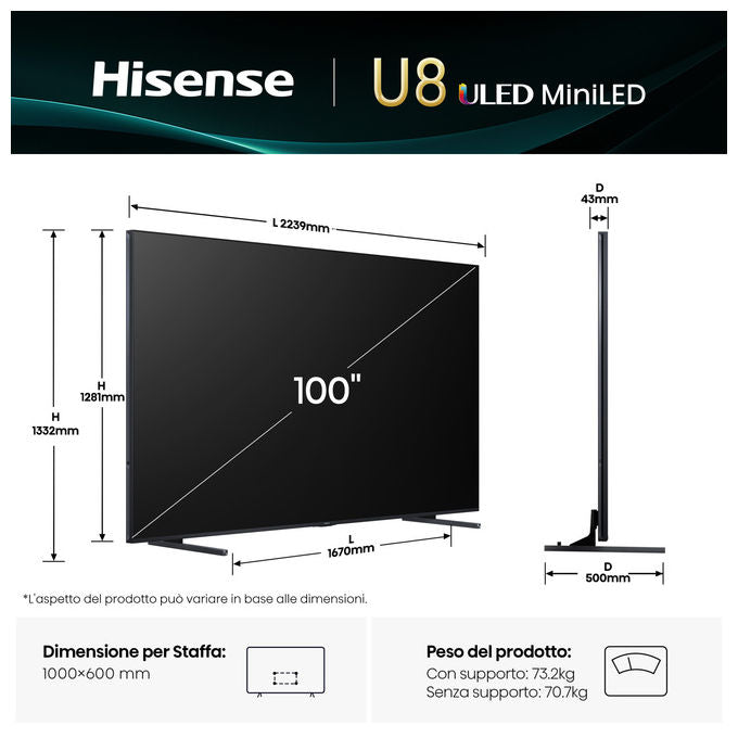 Hisense, TV 4K Ultra HD 100U8Q, Smart TV Wi-Fi, Mini LED ULED, 100 Pollici, Nero Grigio