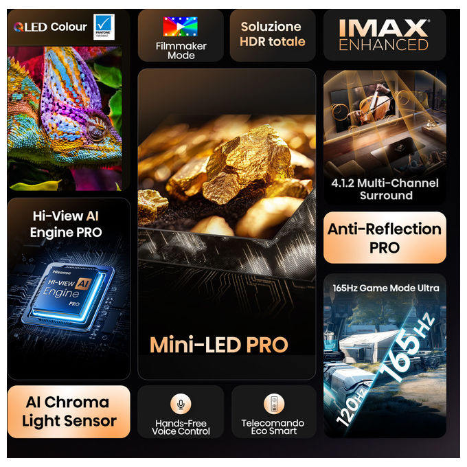 Hisense, TV 4K Ultra HD 100U8Q, Smart TV Wi-Fi, Mini LED ULED, 100 Pollici, Nero Grigio