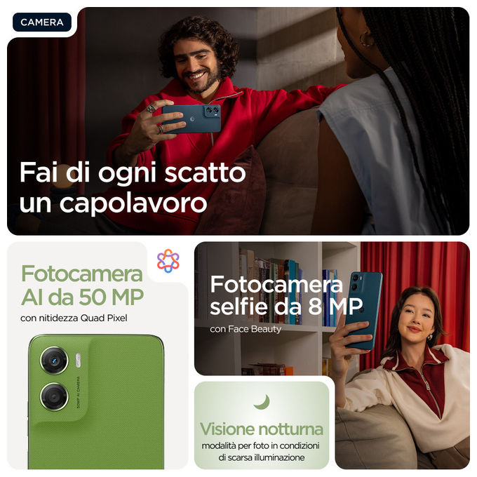 Motorola MOTO G06 Smartphone 6.88'' Doppia SIM 4G Android 15 4GB RAM 128GB Fotocamera 50MP Batteria 5200mAh NFC colore Verde