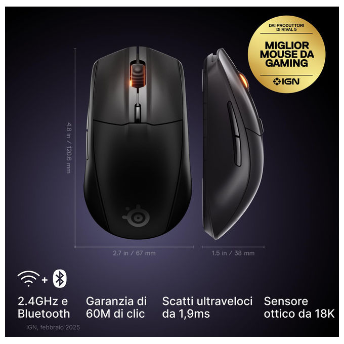 SteelSeries Rival 3, Mouse Gaming Wireless Gen 2, Nero, 18000 DPI