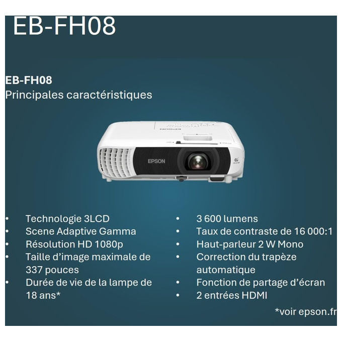 Epson V11HB54040 EB-FH08 Videoproiettore Full HD 1080p 3LCD 3600 ANSI lumen 2 HDMI Altoparlante 2W colore Bianco