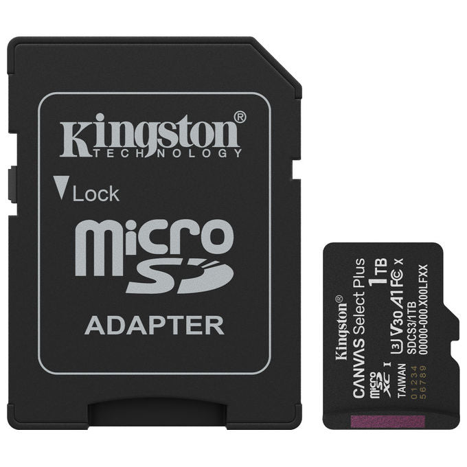 Kingston Technology SDCS3-1TB Canvas Select Plus Gen3 microSDXC 1TB 150MB-s UHS-I U3 V30 A1 Adattatore SD colore Nero