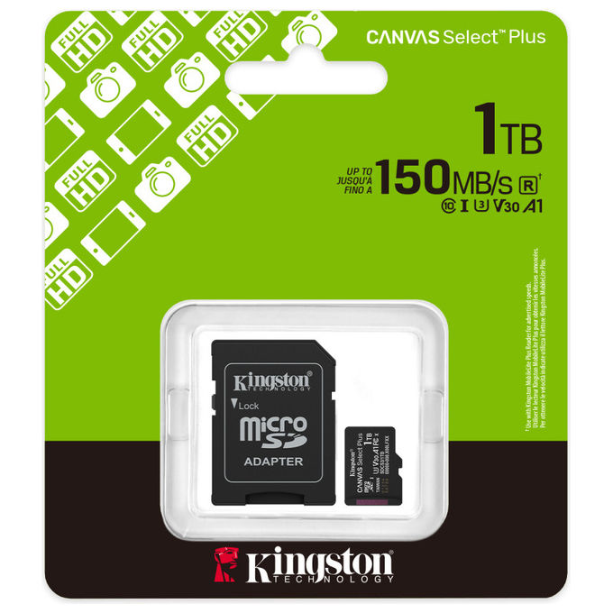 Kingston Technology SDCS3-1TB Canvas Select Plus Gen3 microSDXC 1TB 150MB-s UHS-I U3 V30 A1 Adattatore SD colore Nero