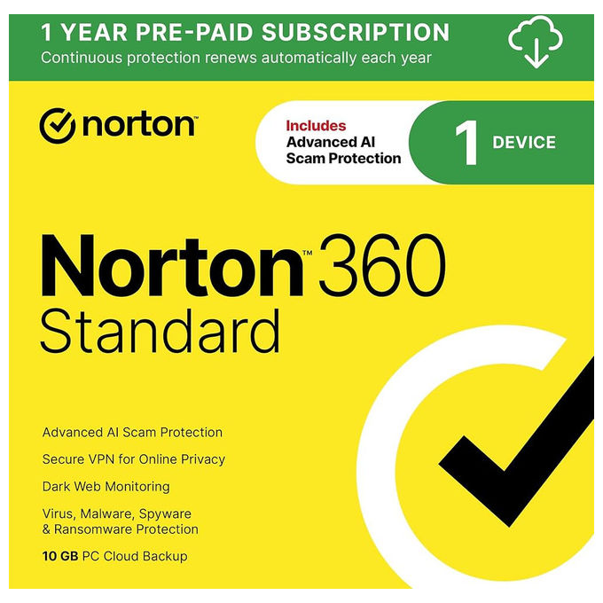 Norton 360 Standard 2026, Antivirus, 1 Dispositivo, 12 Mesi, 10GB, IT Box