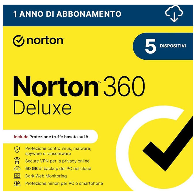 Norton 360 Deluxe 2026, Antivirus, 5 Dispositivi, 12 Mesi, 50GB, IT Box