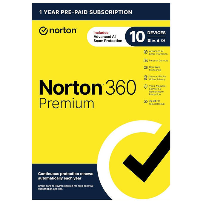 Norton 360 Premium 2026, Antivirus, 10 Dispositivi, 12 Mesi, 75GB, IT Box