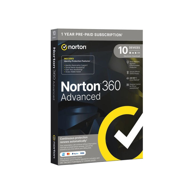 Norton 360 Advanced, Antitruffa, 10 Dispositivi, 12 Mesi, 200GB