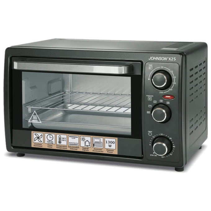 Johnson F25 Forno Elettrico Statico e Ventilato 25 L 1300 W 6 Funzioni Termostato 250°C Timer 60 min colore Nero
