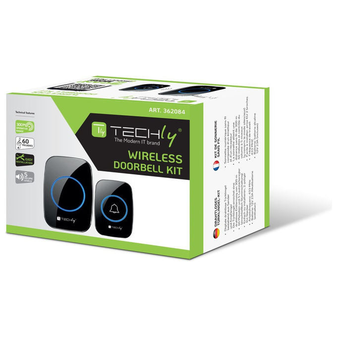 Techly, KIT_ Campanello Wireless, Portata 300m, 60 Melodie, Nero