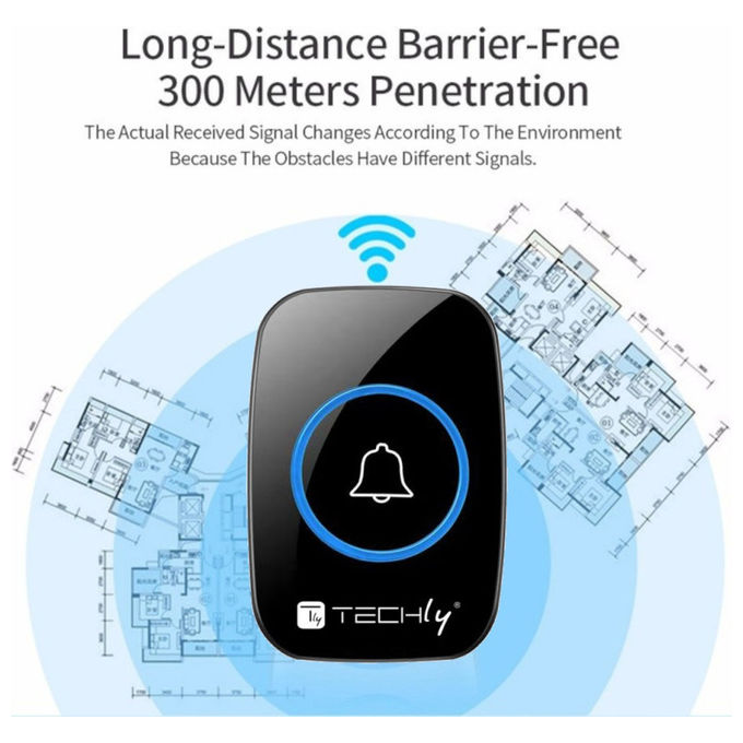 Techly, KIT_ Campanello Wireless, Portata 300m, 60 Melodie, Nero