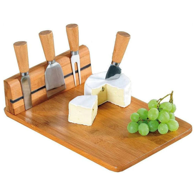 Kesper 50641 Tagliere per Formaggi in Bambu' con 4 Coltelli Acciaio Inox Supporto Magnetico 30x20 cm colore Naturale