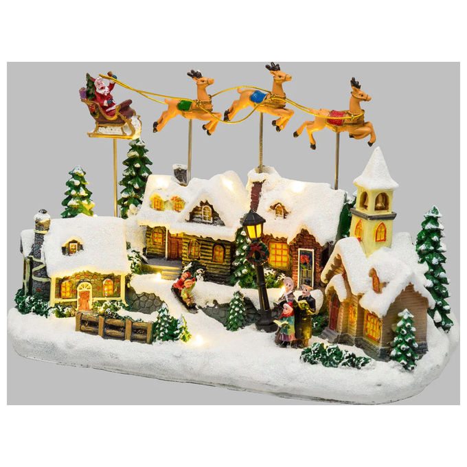 Lotti, Villaggio Natalizio Innevato con Chiesa, Babbo Natale e Slitta Volante, H 23 cm