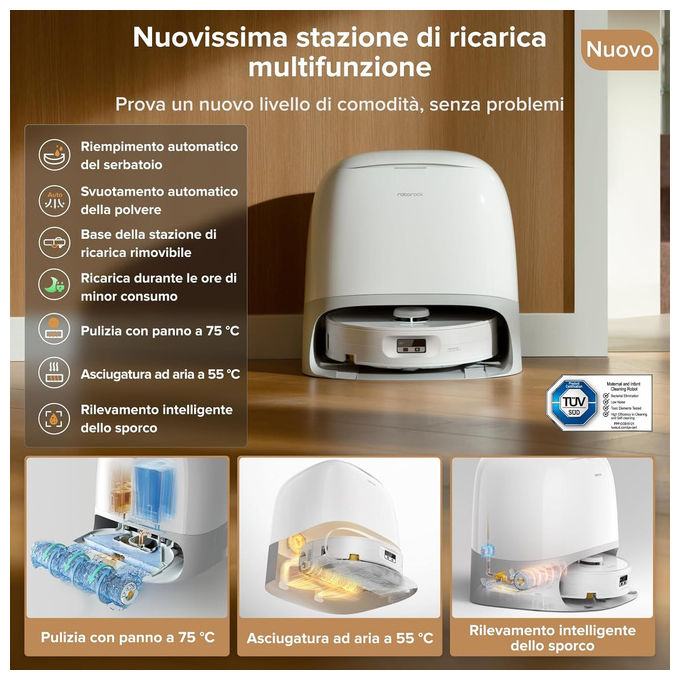Roborock Qrevo Curv 2 FlowX, robot aspirapolvere e lavapavimenti, 20.000 Pa, navigazione LiDAR, stazione multifunzionale, bianco