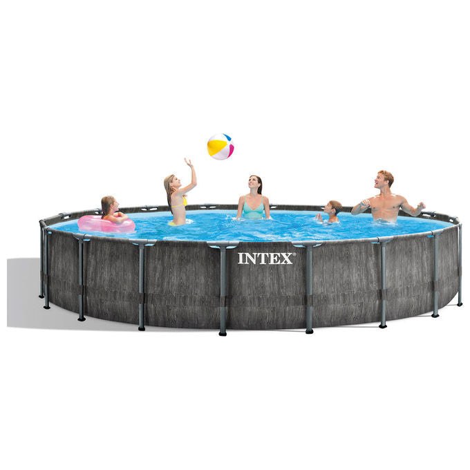 Intex 26744 Prism Frame Greywood Piscina Fuori Terra Rotonda 549x122 cm 24311 L con Pompa Filtro Scaletta e Teli colore Grigio