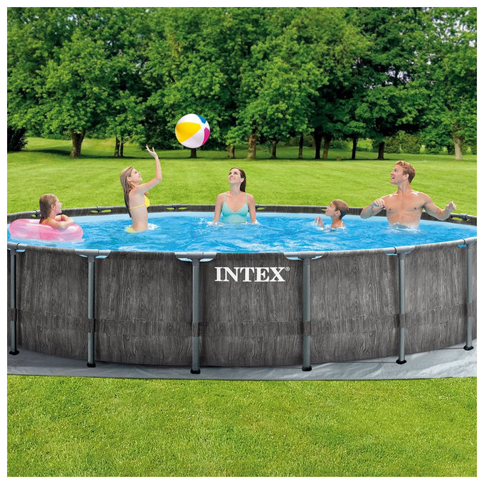 Intex 26744 Prism Frame Greywood Piscina Fuori Terra Rotonda 549x122 cm 24311 L con Pompa Filtro Scaletta e Teli colore Grigio
