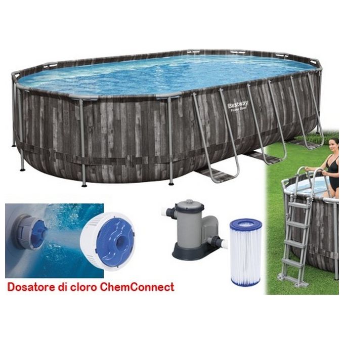 Bestway 5611R Power Steel Piscina Fuori Terra Ovale 610x366x122 cm 20241 L Kit Completo colore Legno Scuro