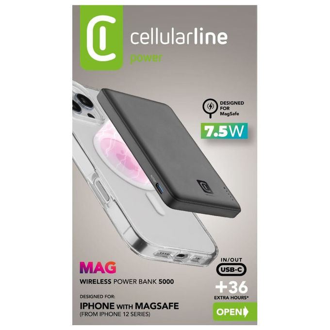 Cellularline PBNEWMAG5000K Power Bank Wireless con Tecnologia MagSafe Capacita' 5000 mAh Potenza di Ricarica 7.5W colore Nero