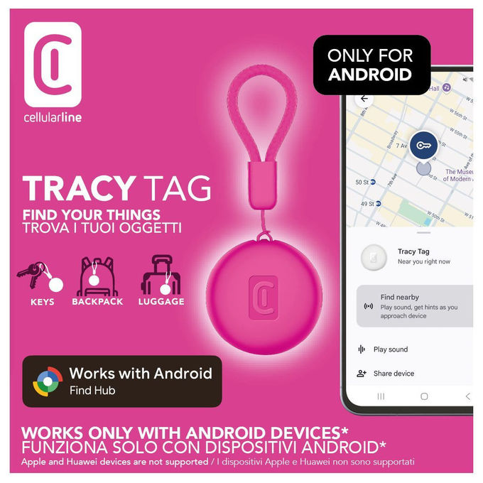 Cellularline Tracy Tag, Localizzatore Bluetooth per Android, Rosa