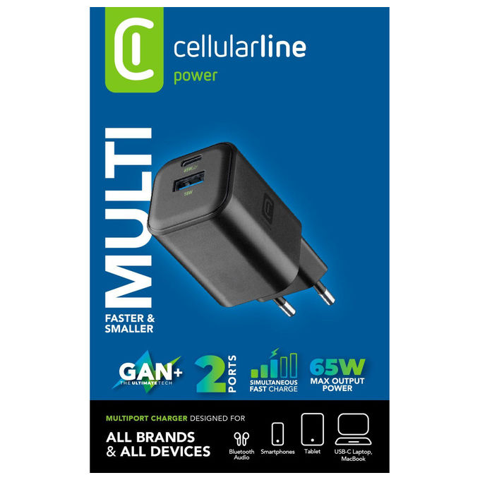 Cellularline Caricabatterie Multipower 2 Gan Entry A+C 65W Da Muro Nero