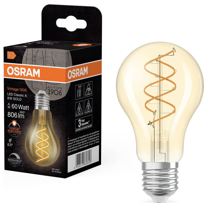Osram, Lampadina LED Vintage 1906 Classic Slim E27 Pera Filamento Oro 8W, Dimmerabile