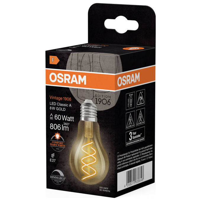 Osram, Lampadina LED Vintage 1906 Classic Slim E27 Pera Filamento Oro 8W, Dimmerabile
