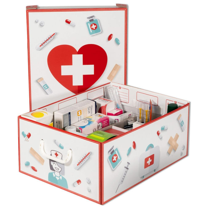 Lavatelli 661PH Pharma Organizer Scatola Porta Farmaci 9 Scomparti con Scatolina Primo Soccorso e 4 Schede Mediche 32x42x17,5 cm colore Bianco