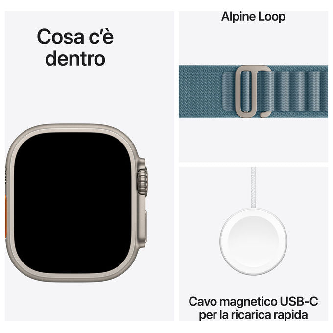 Apple, Watch Ultra 3, GPS + Cellular 49mm, Cassa Titanio, Alpine Loop Blu Chiaro, Large