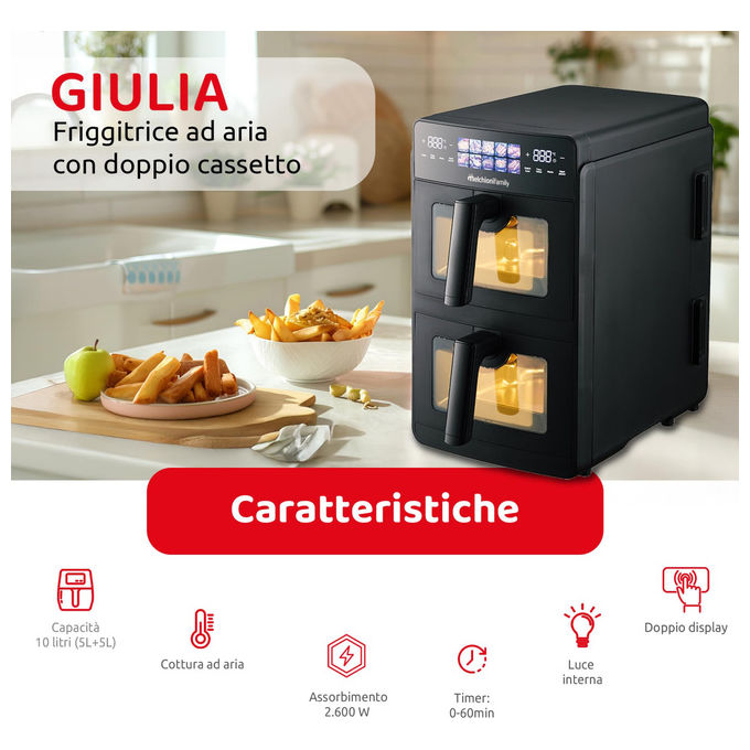 Melchioni, Friggitrice ad Aria Doppio Cassetto, 10L, 2600W, Giulia, Nero