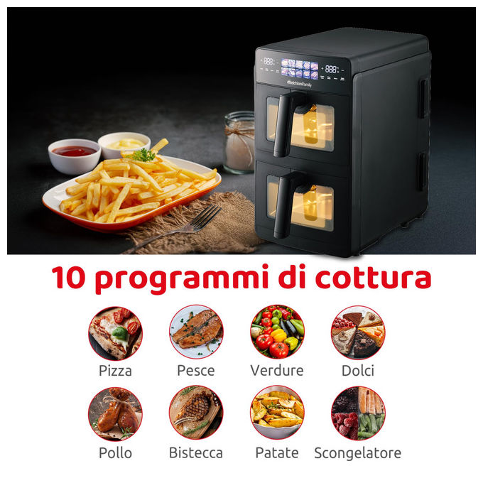 Melchioni, Friggitrice ad Aria Doppio Cassetto, 10L, 2600W, Giulia, Nero