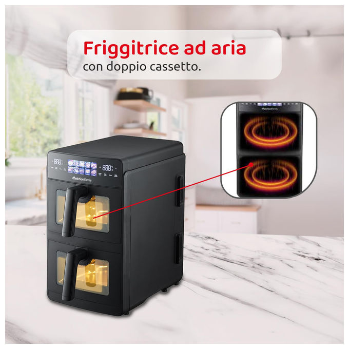 Melchioni, Friggitrice ad Aria Doppio Cassetto, 10L, 2600W, Giulia, Nero