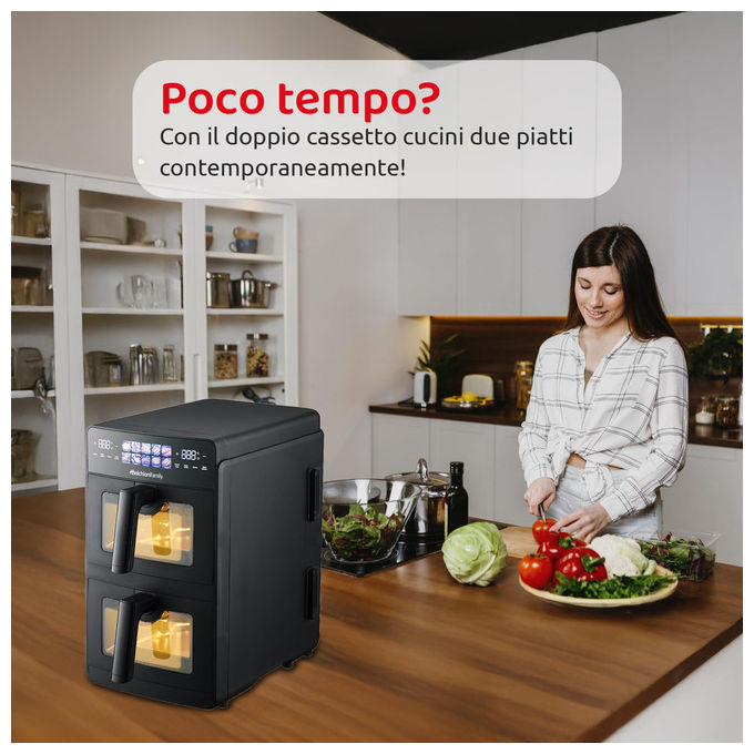 Melchioni, Friggitrice ad Aria Doppio Cassetto, 10L, 2600W, Giulia, Nero
