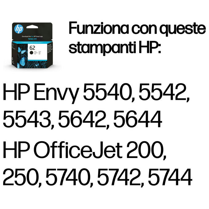 HP, Cartuccia Inchiostro Nero 62, Originale, Standard, 4 ml