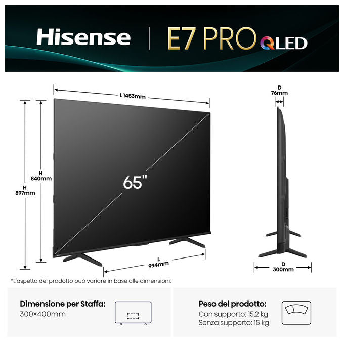 Hisense, Tv 4K Ultra HD, 65 Pollici, Smart TV, QLED Pro, Nero
