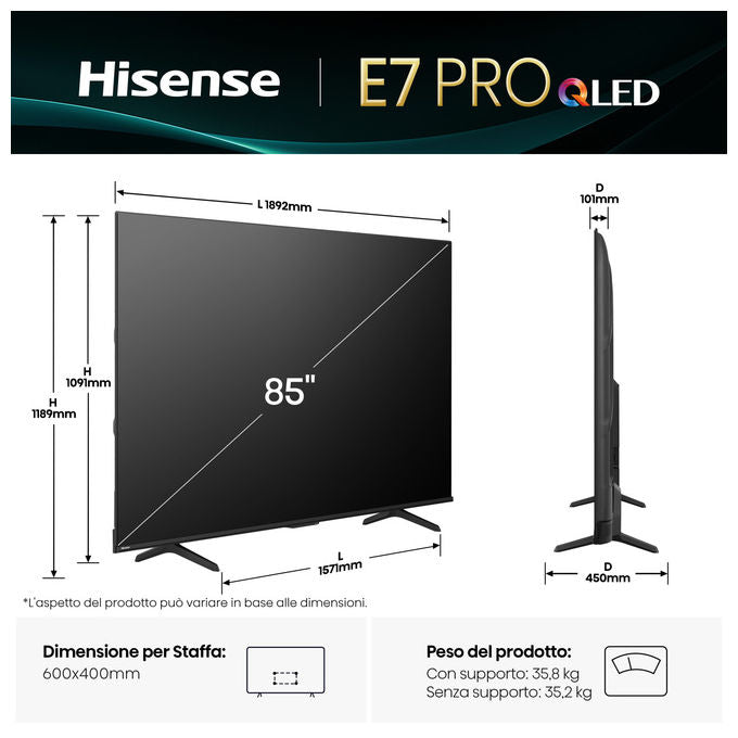 Hisense, TV QLED 85'' 4K, Smart TV, 144Hz, Modello 85E7Q PRO
