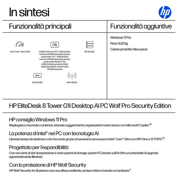 HP PC Tower EliteDesk 8 G1i AI Wolf Pro Security Edition Intel Core Ultra 5 16 GB RAM 512 GB SSD Windows 11 Pro Nero