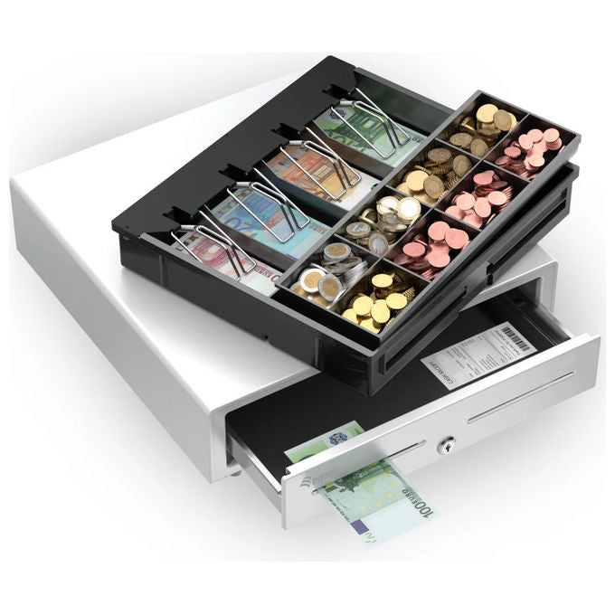 Equip Cassetto Registratore di Cassa Manuale Automatico 4 Scomparti Banconote 8 Slot Monete Bianco