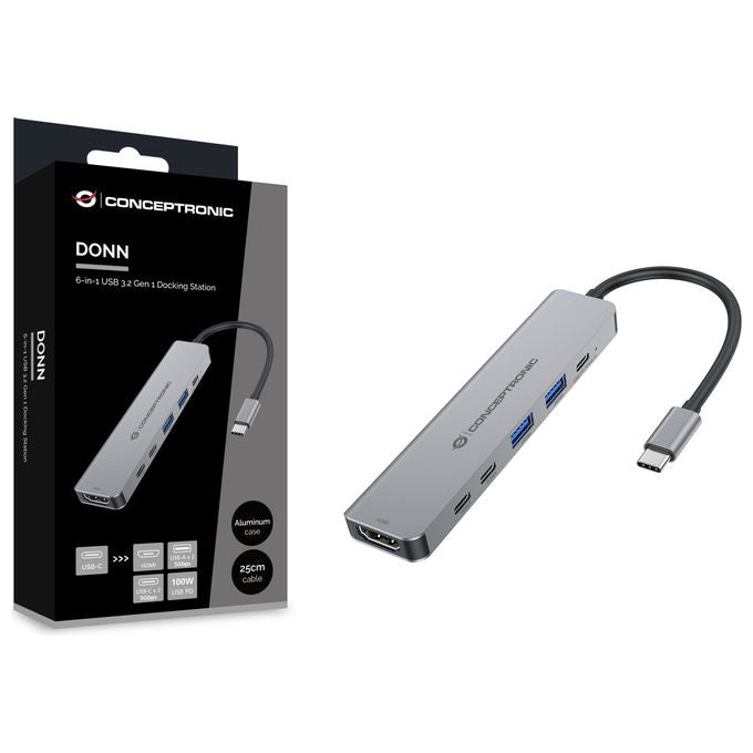 Conceptronic Docking Station USB 3.2 Gen 1 Type-C 6-in-1 Argento