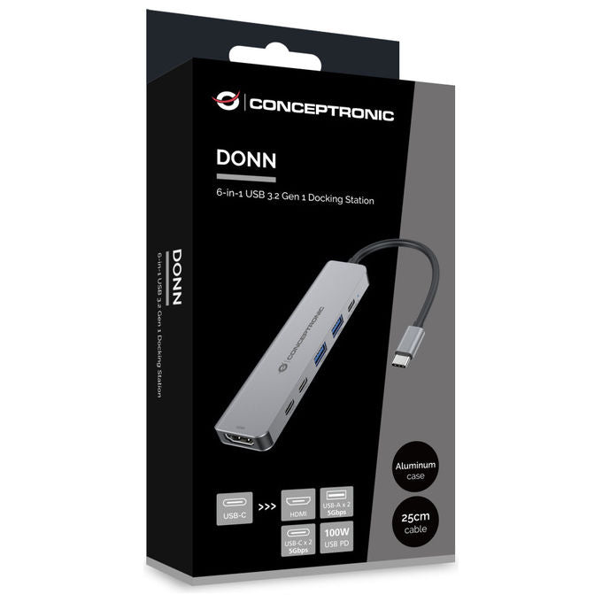 Conceptronic Docking Station USB 3.2 Gen 1 Type-C 6-in-1 Argento