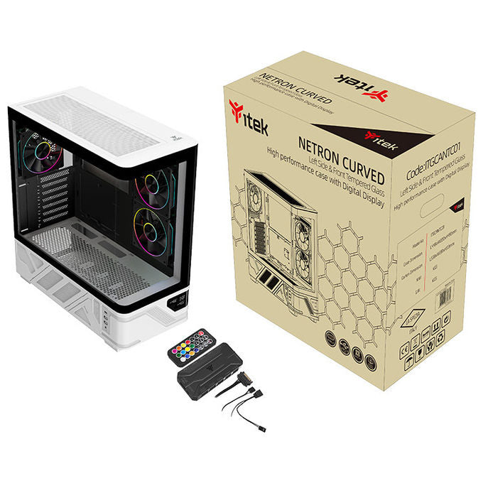 Itek ITGCANTC01 Netron Curved Case PC Tower ATX Gaming Vetro Temperato 3 Ventole ARGB Display USB Type-C colore Bianco Nero